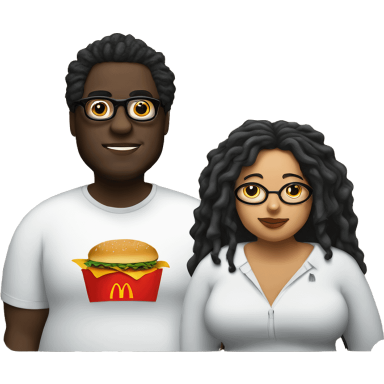 Fat black man with dreads with fat Latina with glasses and curly hair eating McDonald’s  emoji