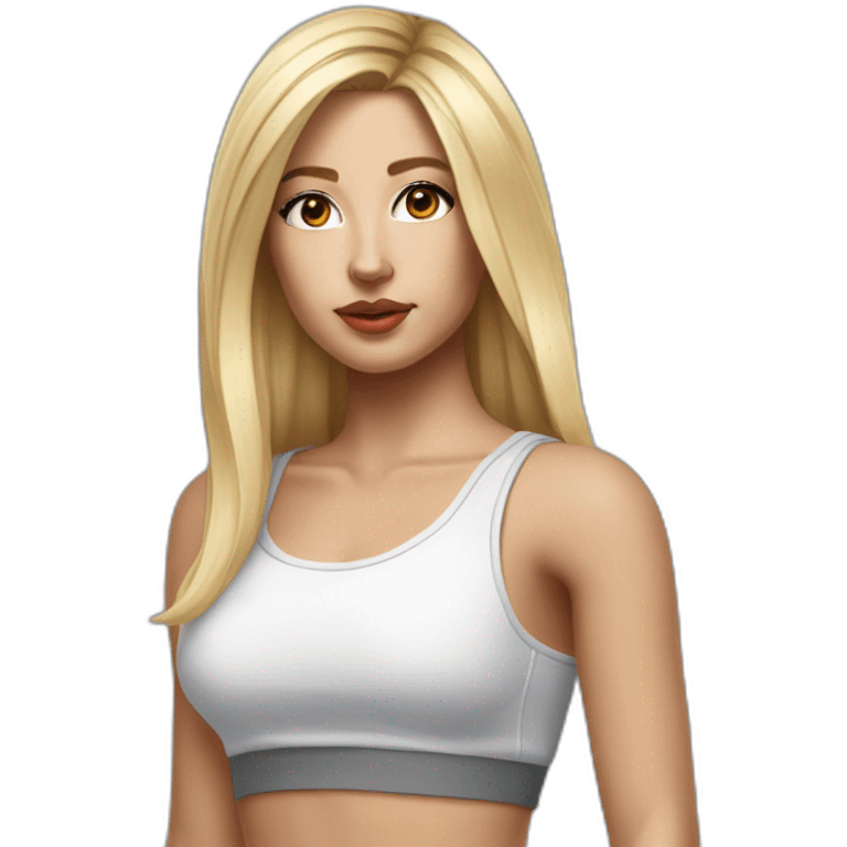 hyperrealist caucasian long blonde hair brown eyes woman sexy white crop tank top gray tight mini skirt emoji