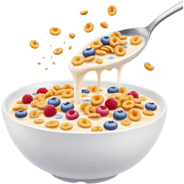 Cinematic crunchy cereal, vibrant and colorful, splashing into a bowl of cold milk, soft glowing background, dynamic movement, playful and inviting, nostalgic and fun. emoji