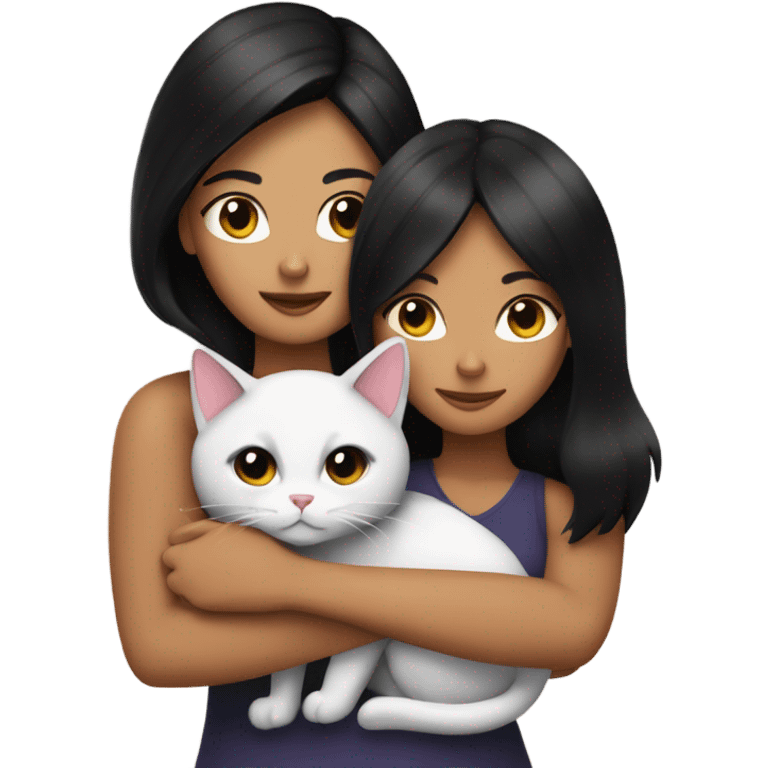 Tanned woman with black hair hugging a black and white cat  emoji