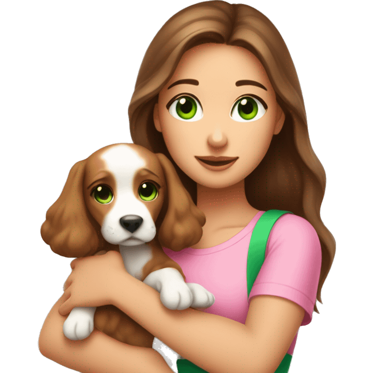 Pretty girl with long brown hair with green eyes and long lashes holding a very cute puppy show her whole upper body and let her wear a cute pink top emoji