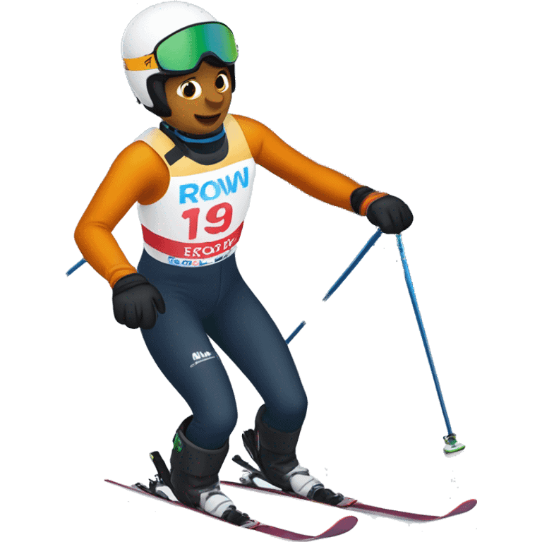 18 year old boy alpine ski racing at 60 mph wearing a bib that says Rowmark. emoji