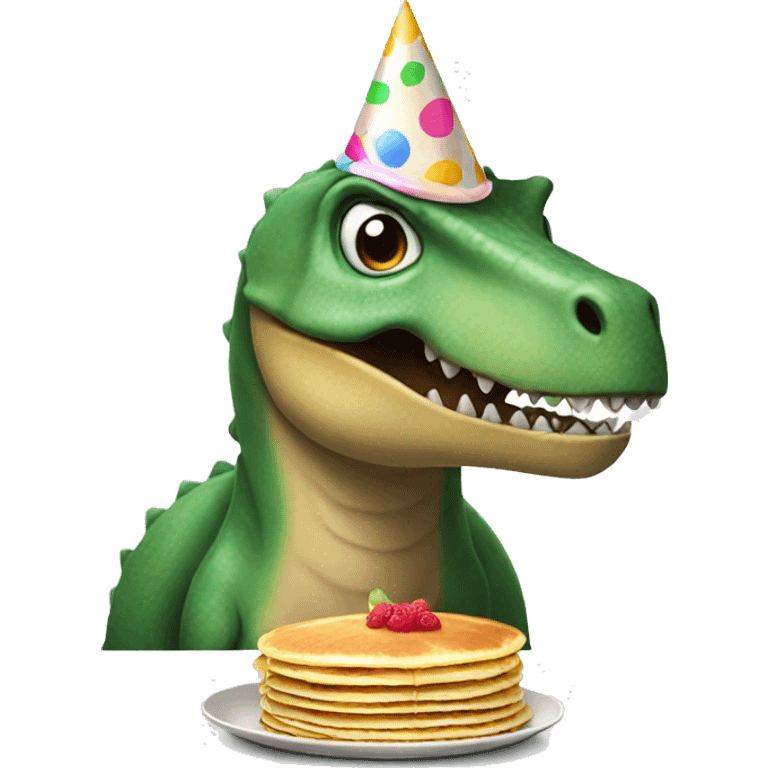 Dinosaur with a party hat eating pancakes emoji