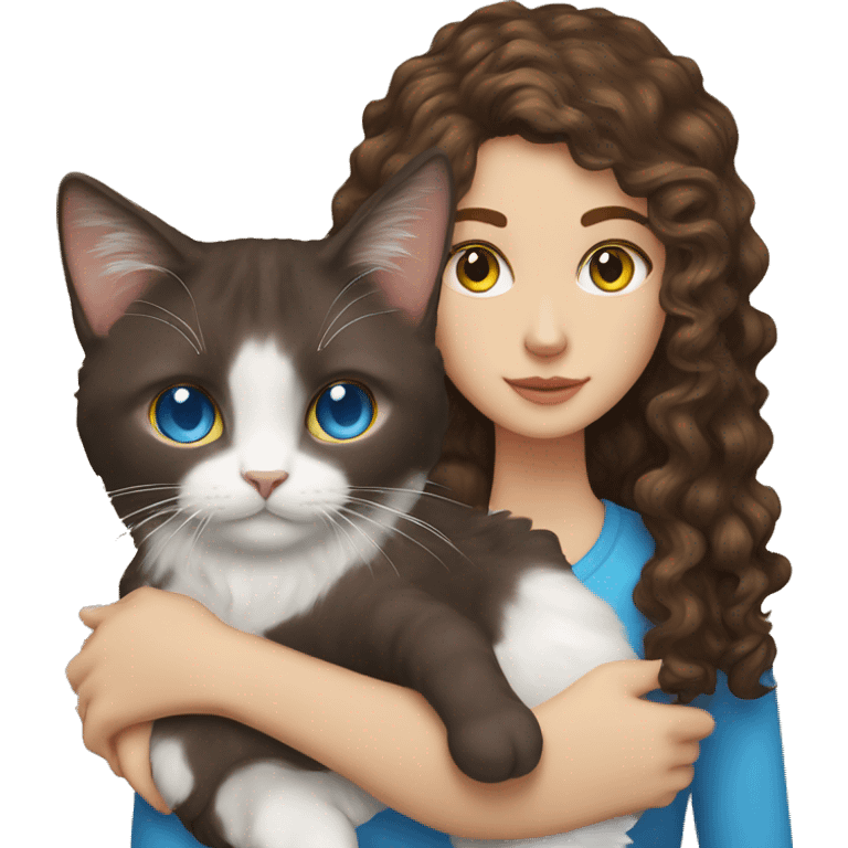 White Girl with long curly brown hair and blue eyes and dark brown cat with yellow eyes emoji