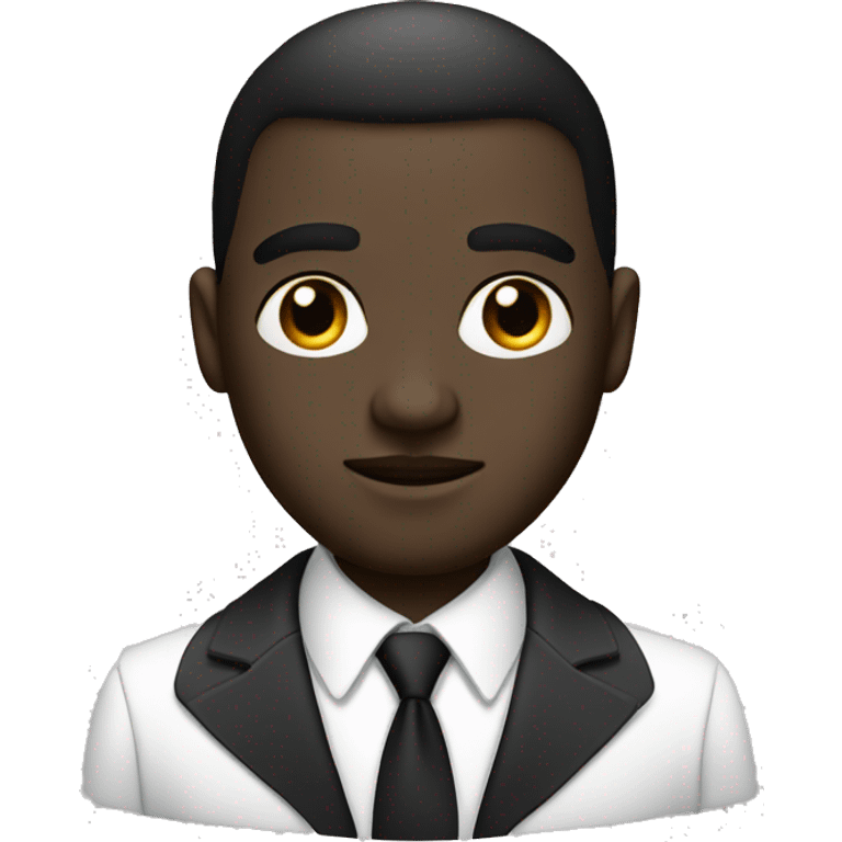 Create a black man with cut in his eyebrow with big black eyes and white suit emoji