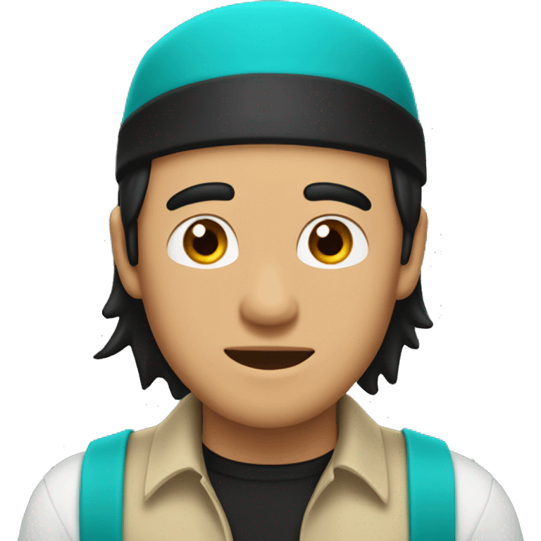 Generate an emoji of a man wearing a turquoise cap with long black hair, a black unbuttoned shirt, and a solid beige undershirt. emoji