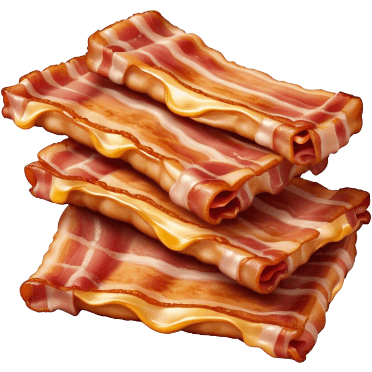 Cinematic crispy sizzling bacon, slightly curled, golden-brown with a perfect crunch, glistening with rich flavor, deep warm tones, served on a breakfast plate, comforting and indulgent. emoji