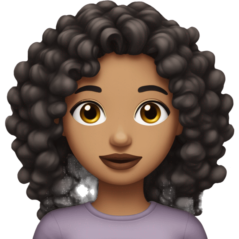 Hispanic emoji with hazel eyes, black loose curly hair, medium skin, dull pink lips and small hoop earrings emoji