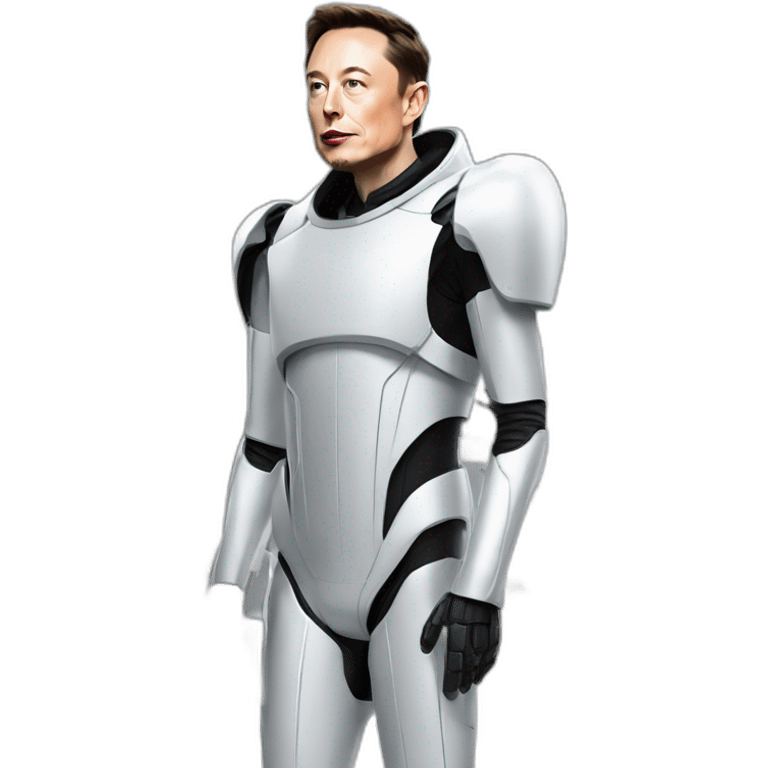 Elon Musk standing side to Tesla car in robotic suit emoji