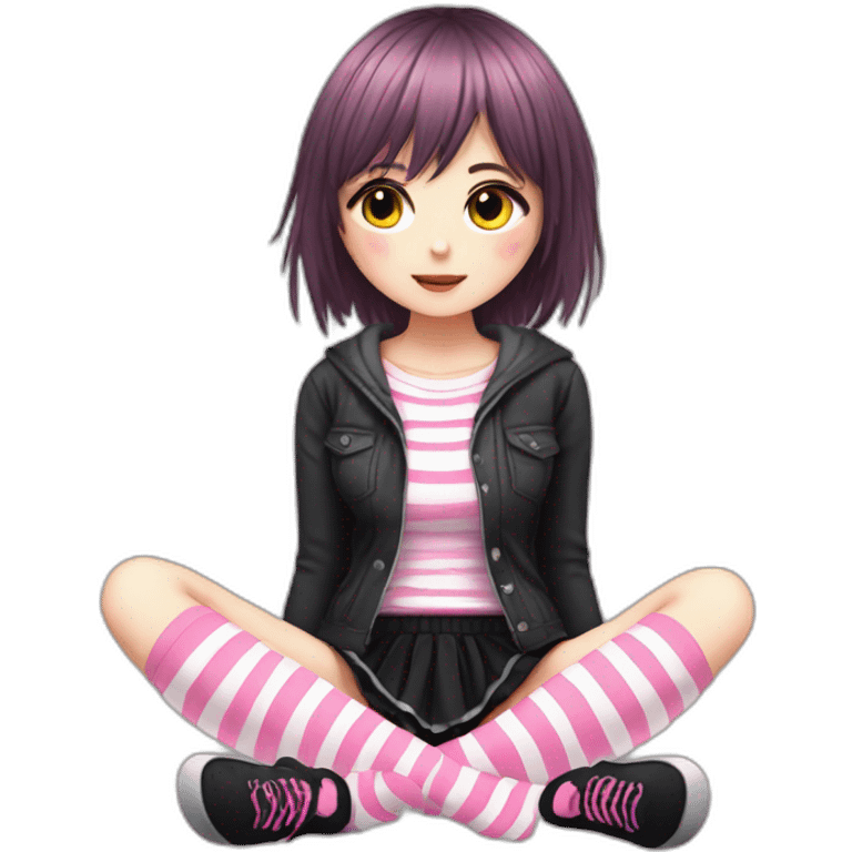 full body Front view emo girl sits on the floor black skirt pink knickers long striped socks emoji