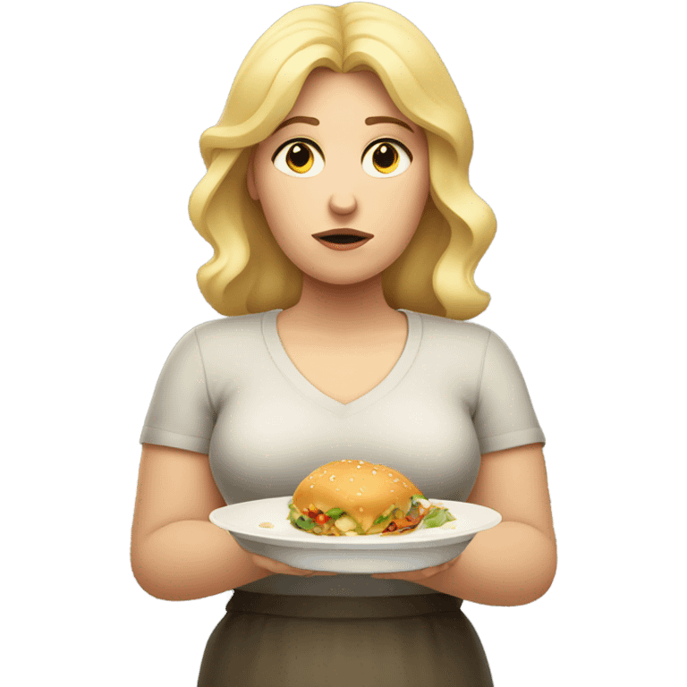 a sad overweight blondie woman with a plate of food emoji