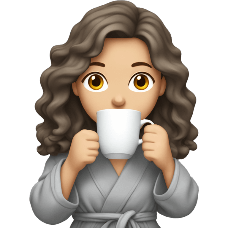 Brunette white girl with wavy long hair sipping a cup of tea in a grey dressing gown  emoji