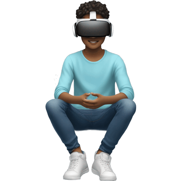 A young person is seated on a cloud, wearing a virtual reality headset. They are immersed in a digital experience, likely playing a game , online flat forms, exploring a virtual and online environment. emoji