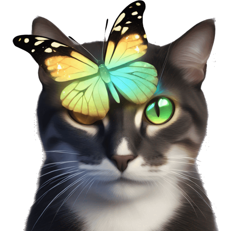 Dark iridescent butterfly glowing on top of cats head  emoji