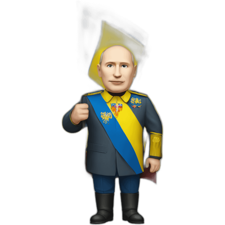 Vladimir Poutine holding Ukrainian flag high details emoji