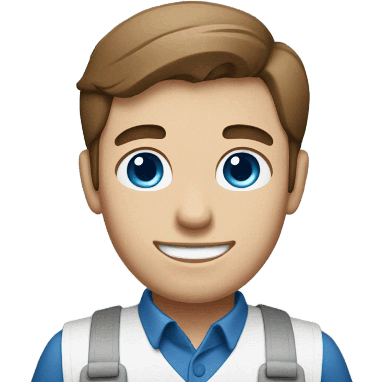 Male with brown hair and blue eyes worker with white shirt and blue apron with khakis and hat holding a sandwhich emoji