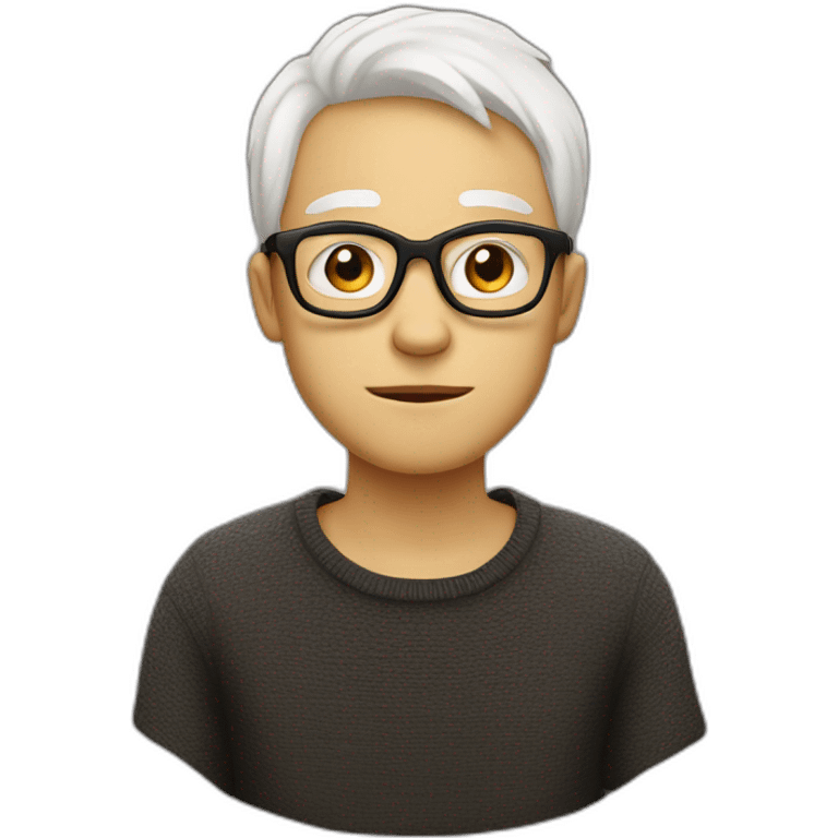 thin white teenager with white hair.  He is cross-eyed and wears black glasses.  he has a triangular shaped head.  he's also wearing a brown sweater emoji