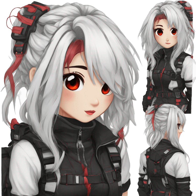 Gorgeous techwear anime style lady with blushing face aesthetic and pretty edgy black red white punk messy hair with collar and harness trending style emoji