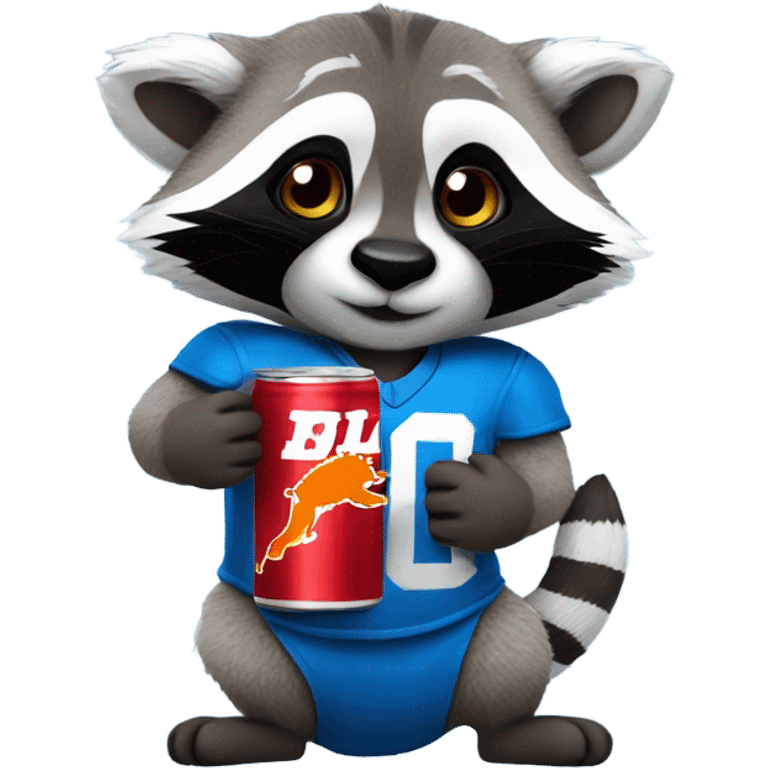 A cute raccoon holding a red bull drink, wearing a blue Detroit lions jersey  emoji