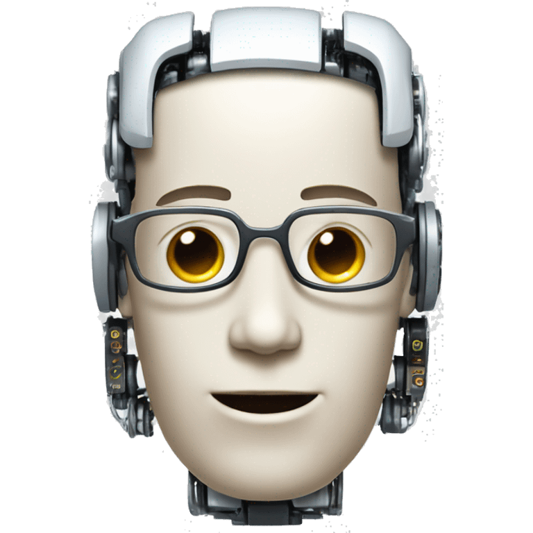 Robotic Cyborg head with fair skin, flat top haircut, rectangular glasses, circuits and smiling  emoji