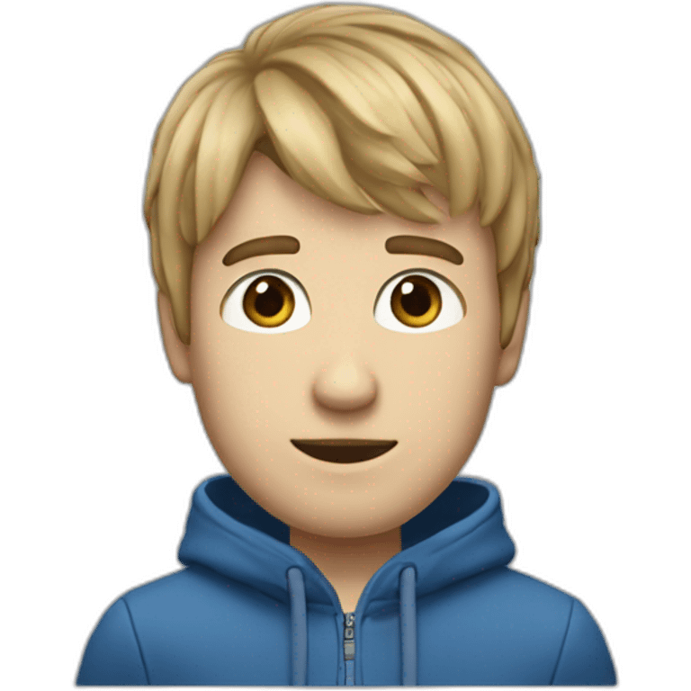 realistic guy he has bangs that go to the right, he has these long bangs that reach his shoulders, he has blue eyes and a blue jacket emoji