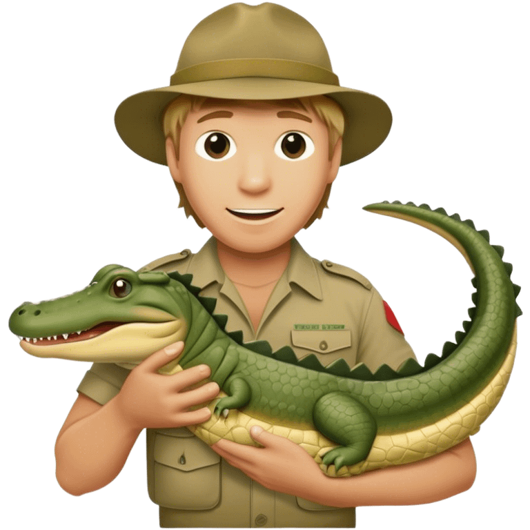 Cinematic Realistic Steve Irwin Portrait Emoji, in his signature khaki attire, holding a crocodile or giving an excited thumbs-up. The scene is lit with vibrant, natural sunlight, emphasizing his adventurous spirit and deep connection to nature. emoji