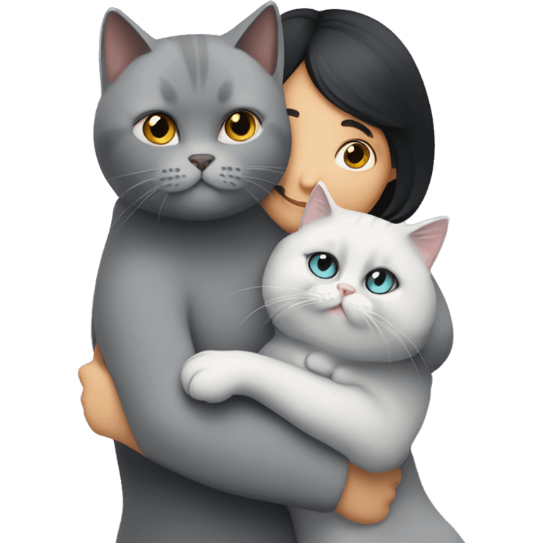 annoyend light gray british shorthair cat and a lady with a 2B black hair hugging the cat lovingly emoji