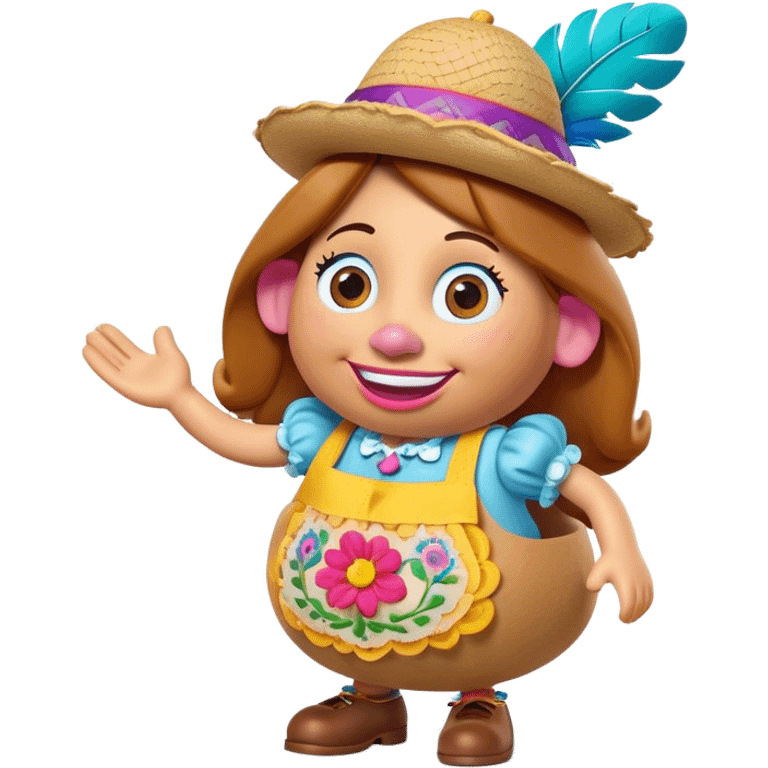 Create a 3D Pixar-style Mrs. Potato Head character with a rounded, slightly uneven shape, expressive eyes, a wide smile, and cartoonish limbs, dressed in a colorful apron with intricate embroidery, a vibrant hat adorned with a feather emoji