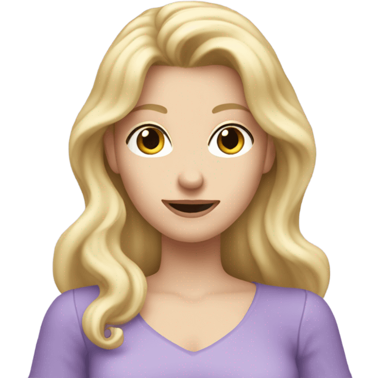 Woman, white skin, pale skin, long hair, blonde hair, wavy hair, lavender top, finger guns emoji