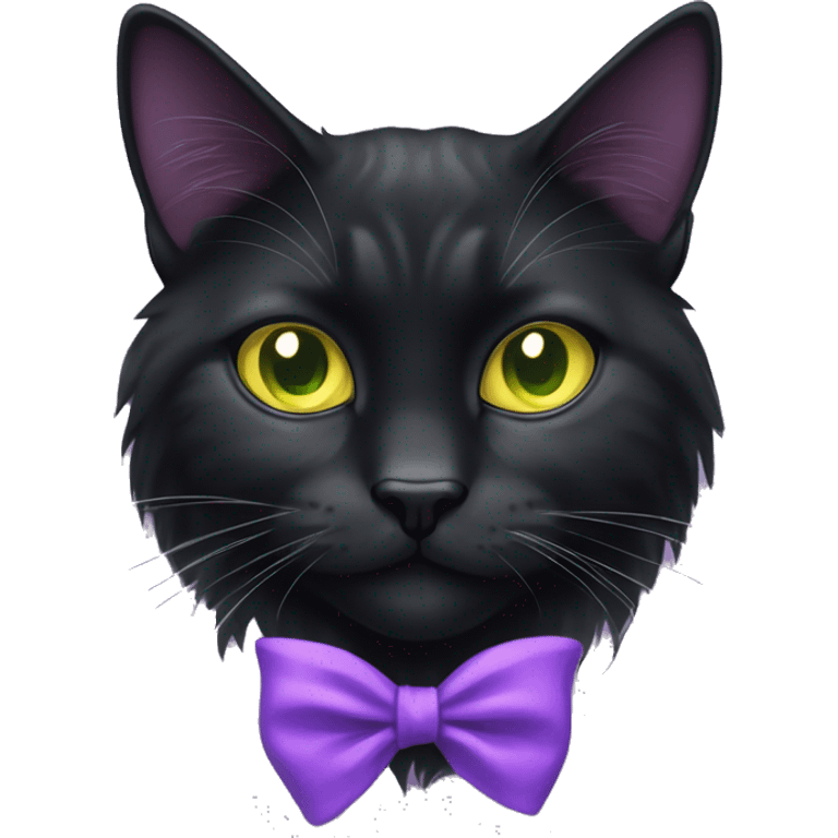 Black Long hair cat with slight white markings on chest and bright greenish yellow eyes with a purple bow by the left ear  emoji