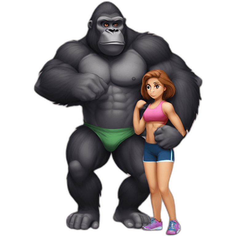 Big buff Gorilla holding a beautiful girl with a huge back doing exercises emoji