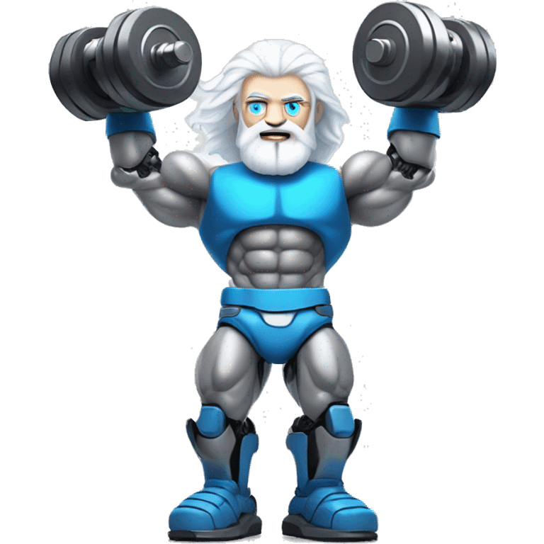 Bionic robot man with amazing white hair and beard and blue eyes flexing muscly arms and lifting weights   emoji