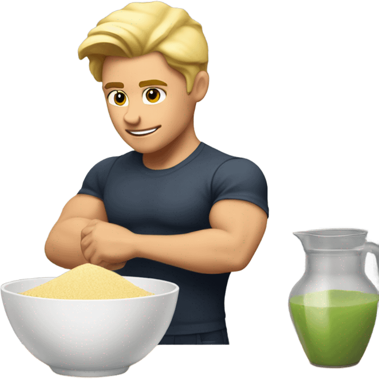 attractive muscular blonde young man using a mixing bowl  emoji