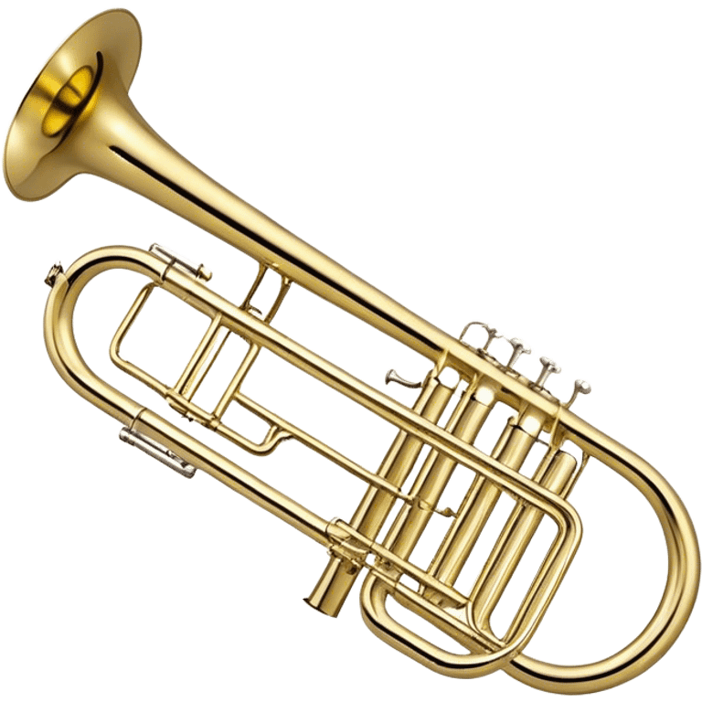 Create an elegant and detailed emoji representing the Bach Bb/F tenor trombone. The design should feature the smooth, shiny brass body of the trombone, showcasing its large, flared bell and curved tubing. Highlight the tuning slide with its polished metal finish, and the mouthpiece should be clearly visible. The trombone’s surface should have a gleaming brass tone with subtle silver accents around the mouthpiece and slide. Add a few musical notes or soundwaves emanating from the bell to emphasize the powerful sound of the trombone. Use golden and brass tones with reflective light effects to enhance the trombone’s professional and high-quality appearance. The background should be transparent. emoji