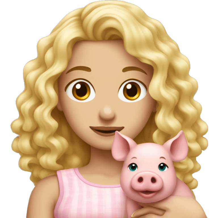 pretty long curly blonde girl holding a pig emoji