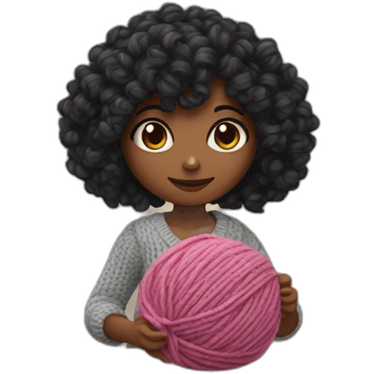 girl with curly mid black hair knitting with yarn ball emoji