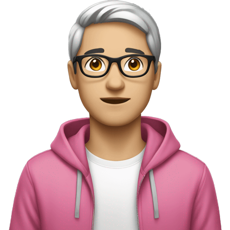 young guy with white skin, short black hair and rounded silver glasses with a pink hoodie on emoji