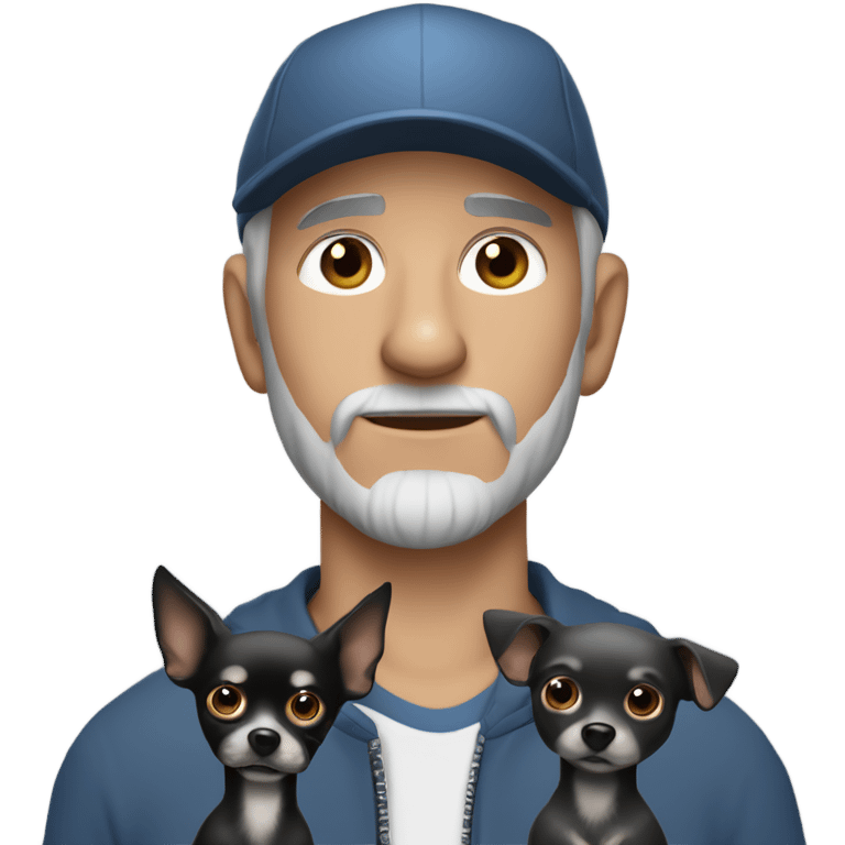 blue eyed man, with grey hair and grey goatee, wearing ball cap, holding long hair black chihuahua emoji