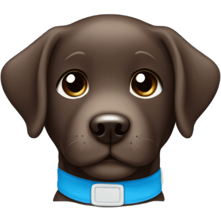 Warm Chocolate labrador puppy with small white fur on chest and cute blue collar emoji