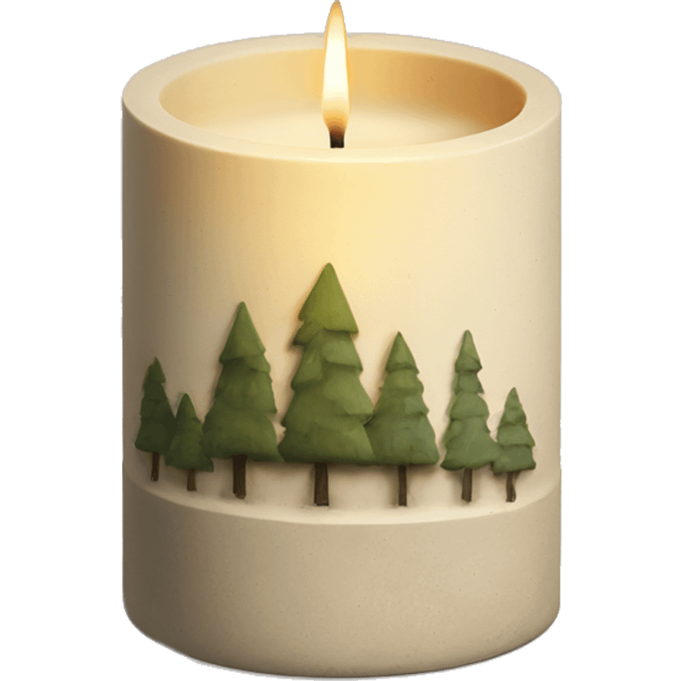 Candle in beige concrete vessel with painted pine trees emoji