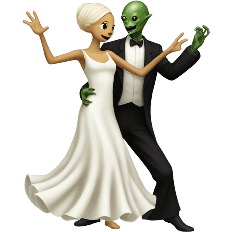  a Reptilian alien woman, in white dress, dance with a human man in frack emoji