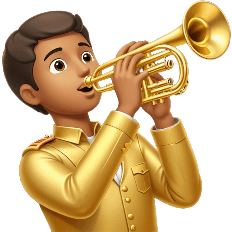 Cinematic Realistic Trumpet, polished brass with warm golden reflections, intricate valve details subtly highlighted, soft hands pressing the keys, glowing with bold and triumphant musical energy. emoji