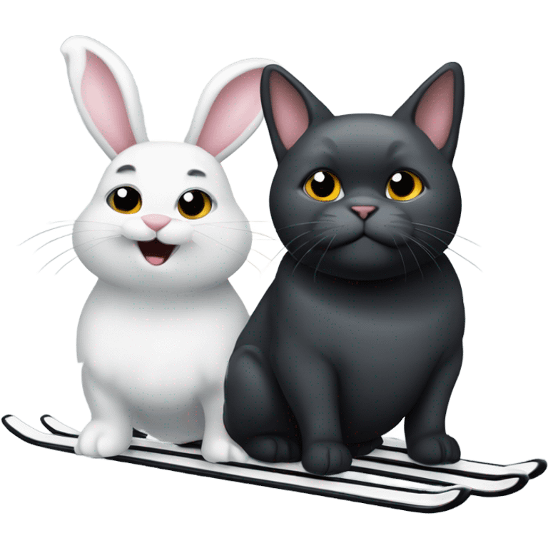 really fat white bunny rabbit and a gray cat and a black scottie dog all on skis emoji