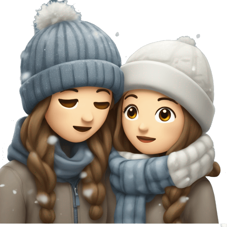 cute couple kissing under the snow in winter clothes, the girl has long brown hair emoji