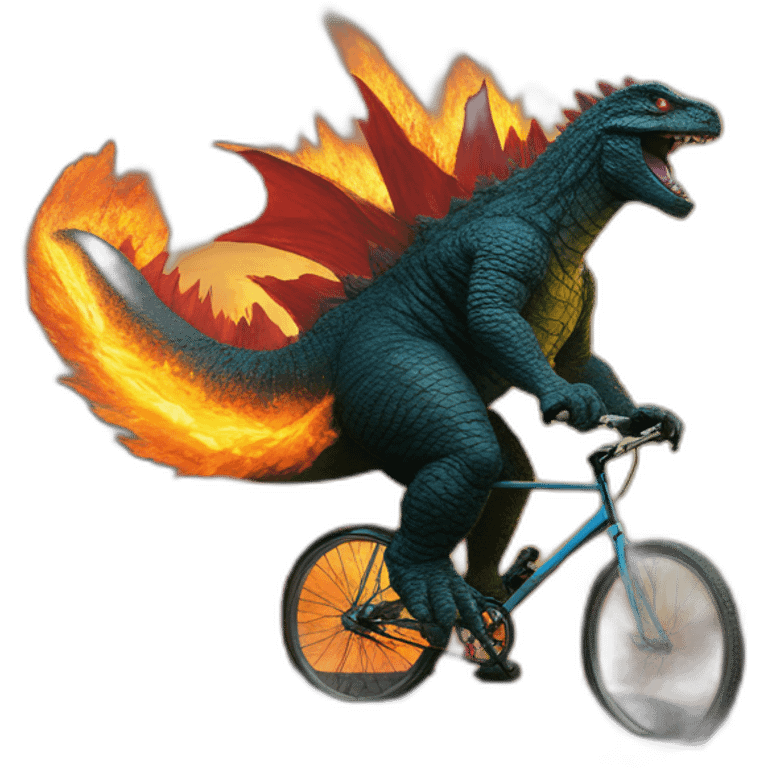 godzilla riding a bicycle down a fiery mountain pass emoji