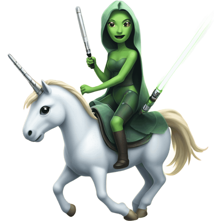 a unicorn with a green alien woman on it holding a lightsaber emoji