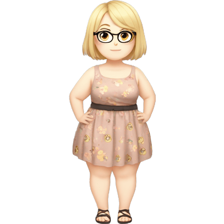 Chubby anime girl with glasses and short blond hair, full body wearing cute dress emoji