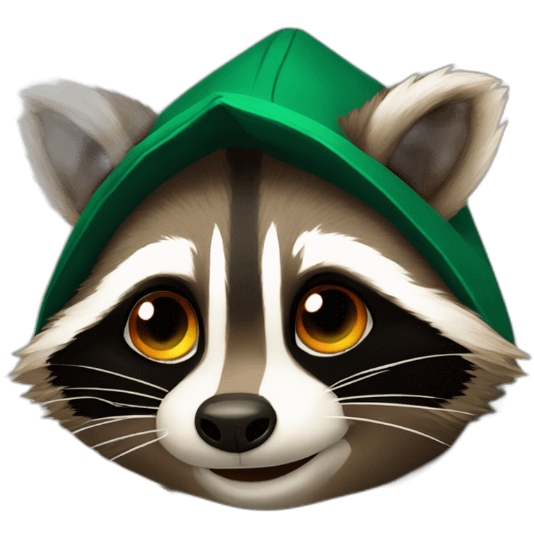 brown raccoon with orange eyes and a dark green hood that is crying emoji