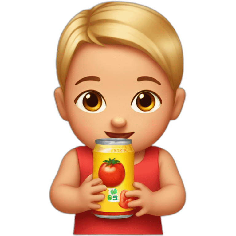 baby with canned tomato juice in her hands emoji