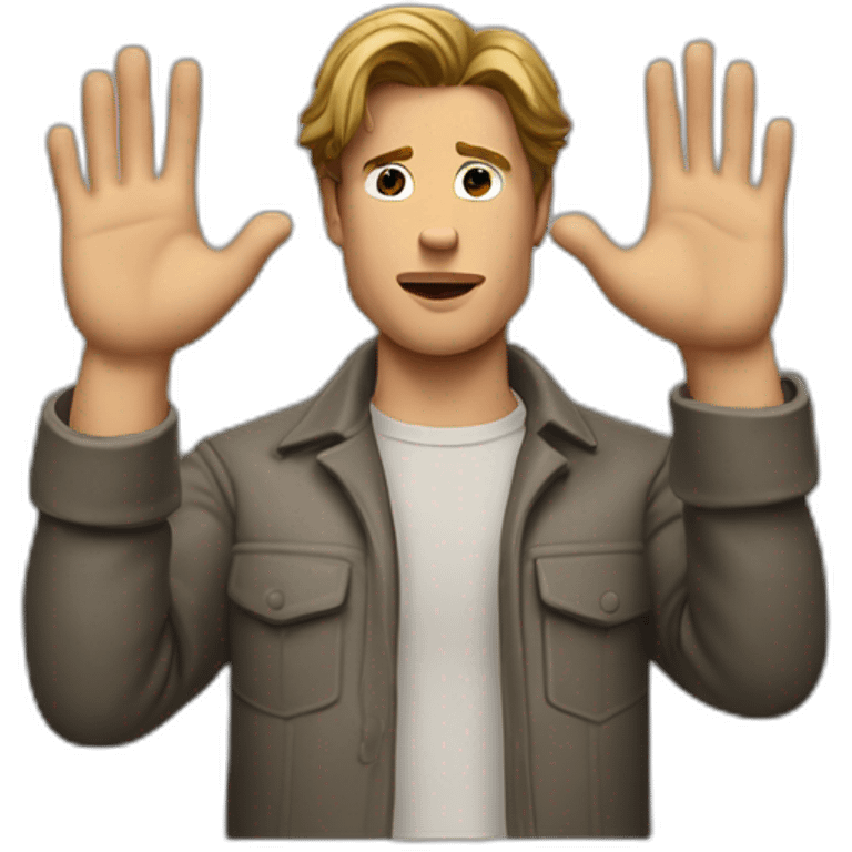 Bradd pitt's with uncertainty,shoulders raised in a classic 'I don't know' gesture. Both of his hands should be raised, palms facing upwards, emphasizing this gesture emoji